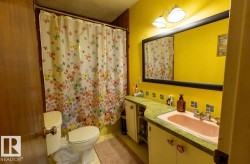 Bathroom featuring a built-in vanity with a pink basin and green countertop, a white toilet, and a framed wall mirror with integrated lighting - 