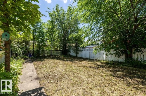 Spacious backyard featuring a rectangular lawn area, mature trees, and a white picket fence - 8719 67 Avenue, Edmonton, AB 