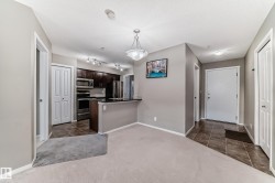 Open-concept living space featuring a kitchen with dark wood-finish cabinetry, stainless steel appliances, and a black countertop with a breakfast bar - 