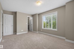 Spacious room with plush carpeting, neutral wall tones, white trim, and a large window with blinds - 