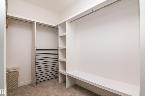 Spacious walk-in closet featuring built-in shelving, hanging rods, and a carpeted floor - 13218 102 Avenue, Edmonton, AB 
