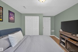 Interior room featuring wood-finish flooring, light green walls, a white textured ceiling, and a flush mount ceiling light fixture - 