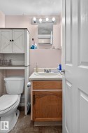 Compact bathroom with a pedestal toilet, a vanity featuring a built-in sink and wood-finish cabinetry, and a surface-mounted mirror - 