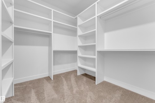 Walk-in closet featuring built-in shelving, hanging rods, white trim, and neutral carpet flooring - 2611 62 Avenue, Rural Leduc County, AB - Indoor With Storage