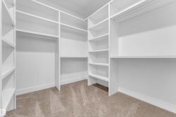 Walk-in closet featuring built-in shelving, hanging rods, white trim, and neutral carpet flooring - 