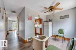 Interior space featuring wood-finish flooring, light gray wall paint, and a ceiling fan with integrated lighting - 