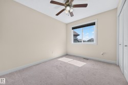 Neutral-toned room featuring a single window, a ceiling fan with integrated lighting, and light-colored carpeting - 