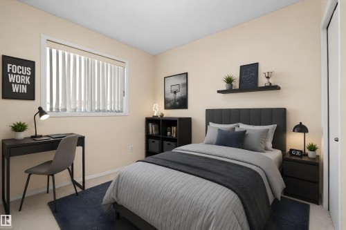 Bedroom featuring light-toned walls, a rectangular window with vertical blinds, and carpeting - 15016 134 Street, Edmonton, AB 