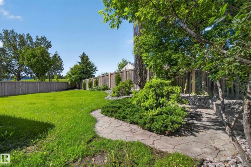 Expansive backyard featuring a lush lawn, stone pathway, established perimeter fencing, mature trees, and layered shrubbery - 13406 32A Street, Edmonton, AB 