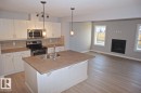 180 Radcliffe Wynd, Fort Saskatchewan, AB  - Indoor Photo Showing Kitchen With Fireplace With Stainless Steel Kitchen With Double Sink 