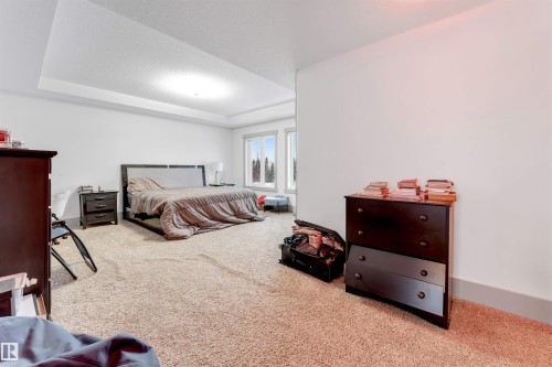 Spacious room featuring a tray ceiling, recessed lighting, and soft carpet flooring - 656 180 Street Sw, Edmonton, AB - Indoor Photo Showing Bedroom