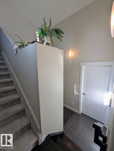 Carpeted staircase with a solid half-wall balustrade, dark wood-finish flooring, and a modern white paneled door - 2327 Frezenberg Avenue, Edmonton, AB 