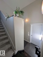 Carpeted staircase with a solid half-wall balustrade, dark wood-finish flooring, and a modern white paneled door - 