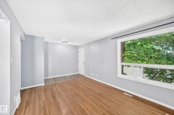 Hardwood-style flooring throughout, complemented by a large window with natural light, a ceiling-mounted light fixture, and a white entrance door - 