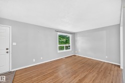 Spacious room featuring wood-finish flooring, a white paneled entry door, light gray walls, a textured white ceiling, and a large window - 