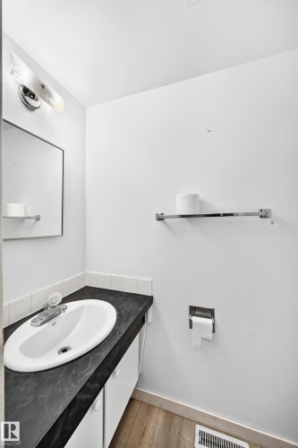 Bathroom vanity with a dark countertop and integrated sink - 355 Northgate Terrace, Edmonton, AB 