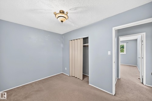 Room featuring neutral carpeting, light blue wall paint, and a textured ceiling - 355 Northgate Terrace, Edmonton, AB 