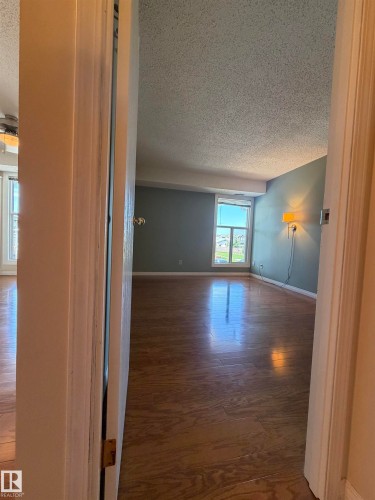 Spacious room featuring wood-finish flooring, light blue wall paint, a large window, and textured ceiling - 2324 151 Avenue Nw, Edmonton, AB - Indoor Photo Showing Other Room