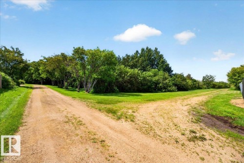 Expansive parcel featuring a natural dirt road, lush green grass, and mature trees lining the perimeter - 5215 50 Avenue, Bruderheim, AB - Outdoor