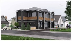 Modern commercial building featuring a dark exterior facade, wood-finish paneling, multiple large windows, a prominent entrance, and integrated signage opportunities - 