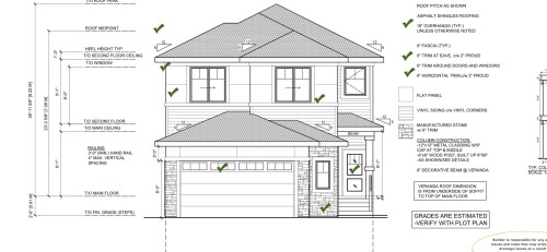 Architectural Elevation Drawing. Illustrating exterior dimensions, materials, and structural elements of the property - 764 Astoria Way, Devon, AB 