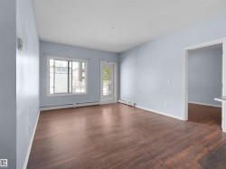 Spacious room featuring rich wood-finish flooring, light-toned wall paint, and a textured ceiling - 