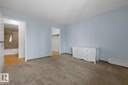 Spacious room featuring light blue walls and neutral-toned carpeting - 