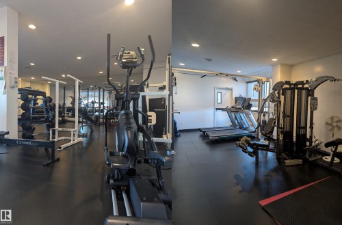 Fitness center featuring black rubber flooring, recessed lighting, and a variety of exercise equipment including an elliptical, treadmills, and a multi-station weight machine - 505 10145 109 Street, Edmonton, AB 
