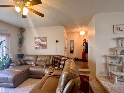 Carpeted living area featuring a ceiling fan with light fixture and a window with vertical blinds - 10619 108 Avenue, Westlock, AB - Indoor Photo Showing Living Room