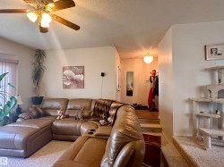 Carpeted living area featuring a ceiling fan with light fixture and a window with vertical blinds - 