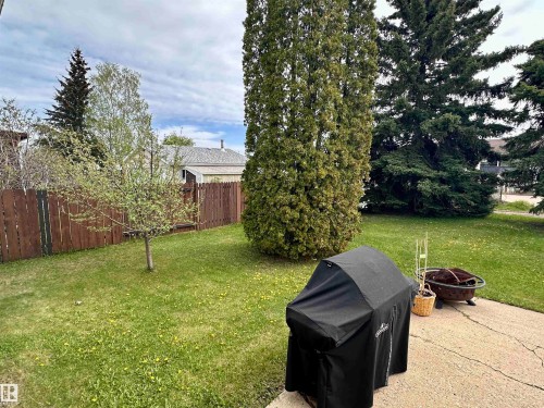 Expansive backyard featuring a manicured lawn, established trees, and a concrete patio - 10619 108 Avenue, Westlock, AB - Outdoor