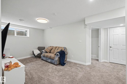 Spacious room featuring light gray wall paint, gray carpet flooring, white baseboards, and a white ceiling with a modern flush-mount light fixture - 2007 72 Street, Edmonton, AB - Indoor