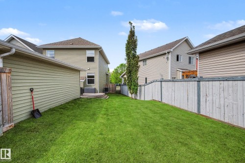 Expansive grassy backyard featuring a tall, slender tree, a wooden fence, and a multi-level deck - 2007 72 Street, Edmonton, AB - Outdoor With Exterior