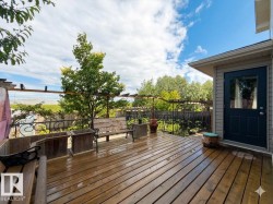 Expansive wood deck with pergola framework and a wrought iron railing - 