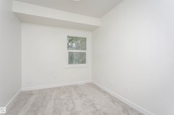 Room with neutral gray carpet, white walls, and a white-framed window - 