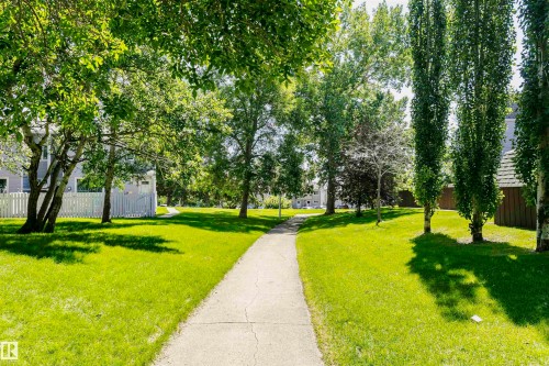 Paved pathway bordered by verdant lawns and mature trees - 5418 144B Avenue, Edmonton, AB 