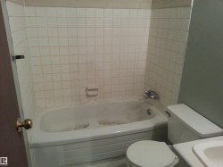 Bathtub with white subway tile surround and integrated soap dish - 