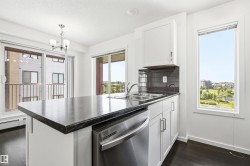 Kitchen island with a dark countertop and integrated stainless steel dishwasher - 