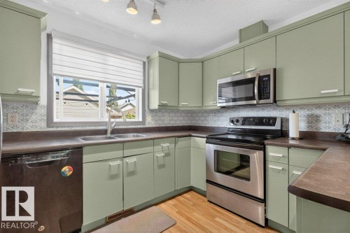 Kitchen featuring light green cabinetry with modern hardware, stainless steel appliances, a double basin sink, mosaic tile backsplash, and wood-finish flooring - 21320 90 Avenue, Edmonton, AB 