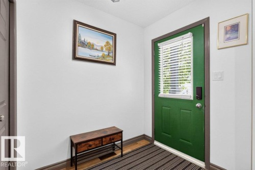 Entryway featuring a green front door with a window and white blinds, complemented by wood-finish flooring and a striped area rug - 21320 90 Avenue, Edmonton, AB 