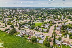 Aerial perspective of a residential neighborhood featuring detached homes and extensive mature landscaping - 