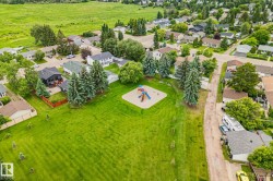 Expansive green space featuring a playground with a sand base, mature evergreen trees, and surrounding residential properties - 