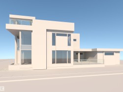 Contemporary multi-level residence featuring expansive window walls, a covered entrance, a second-story balcony with glass railings, and a ground-level patio also with glass railings - 