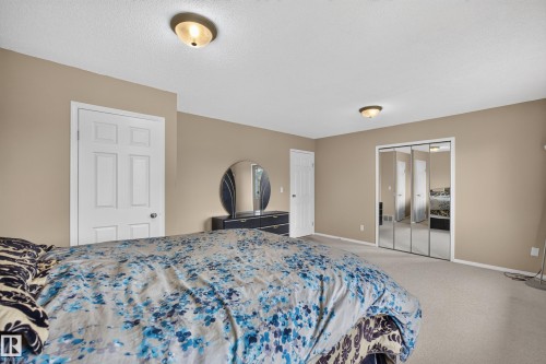 Carpeted room featuring a four-panel mirrored closet, neutral wall paint, and white trim doors - 3841 62 Street, Edmonton, AB 
