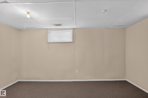 Finished room with neutral-toned walls, brown carpeting, and a drop ceiling - 3841 62 Street, Edmonton, AB 