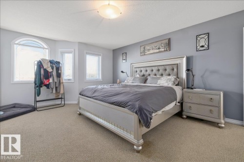 Bedroom featuring multiple windows, including an arched window, and neutral-toned carpeting - 6050 164A Avenue, Edmonton, AB - Indoor Photo Showing Bedroom