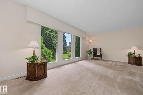 Spacious room featuring multiple large windows, neutral-toned carpeting, and light-colored walls - 9516 146 Street, Edmonton, AB 