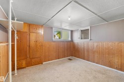 Room featuring wood-finish paneling, built-in cabinetry, and neutral carpeting - 