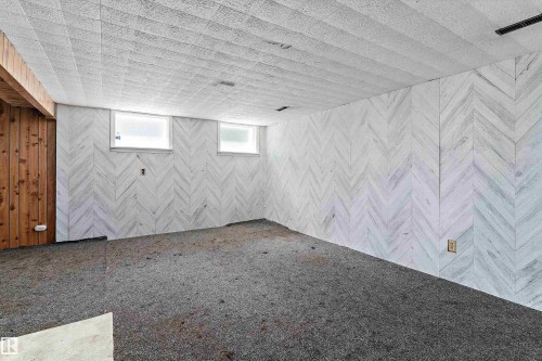 Finished room featuring chevron pattern wall paneling, a textured ceiling, and two small windows - 11619 123 Street, Edmonton, AB 