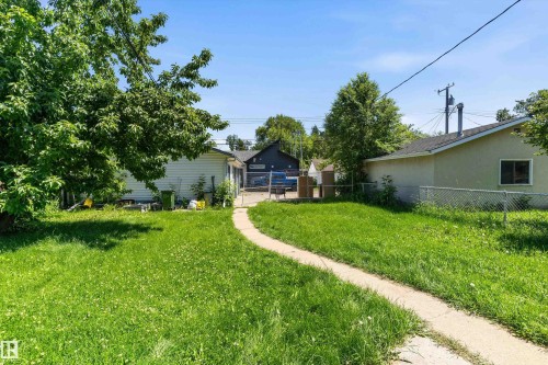 Expansive green lawn with a curved concrete pathway leading to the rear of the property - 11619 123 Street, Edmonton, AB 